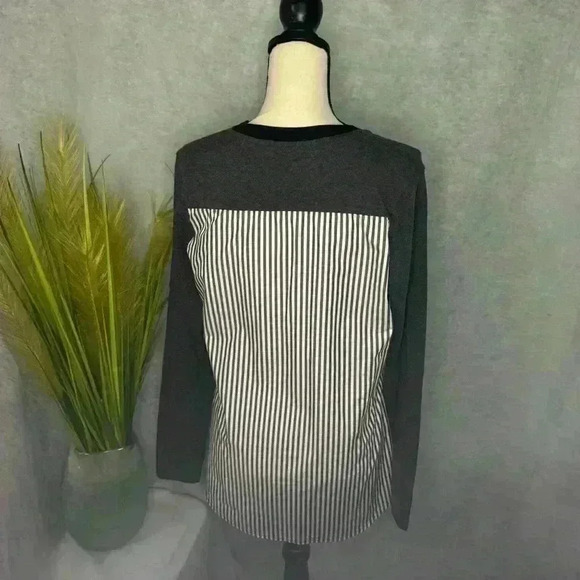 E.L.I. Small Pima Cotton Long Sleeve Pullover V Neck with Pockets Black & White - Picture 2 of 11